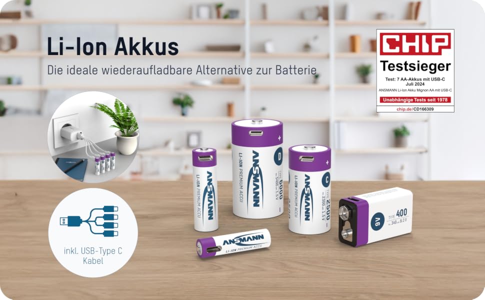 Акумулятор ANSMANN 9V E-Block Li-Ion 340mAh з портом зарядки USB-C, перезарядний елемент живлення 9В