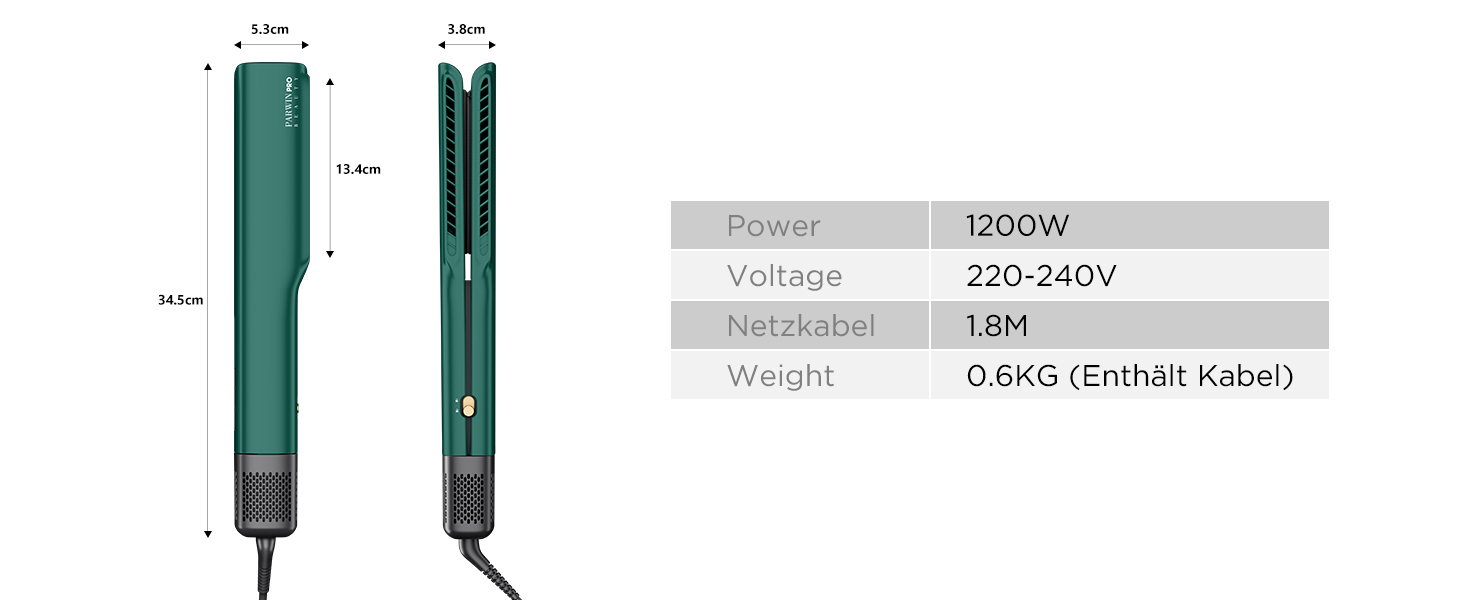 Випрямляч для волосся PARWIN PRO BEAUTY іонний, повітряний, для середнього та довгого волосся (35-75 см), 1200 Вт, темно-зелений