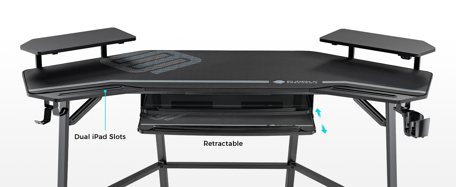 Ігровий стіл EUREKA ERGONOMIC 160x74 см - великий стіл у формі крила з 2 відсіками для iPad. Підходить для дому, офісу, стрімінгу. Чорний колір.