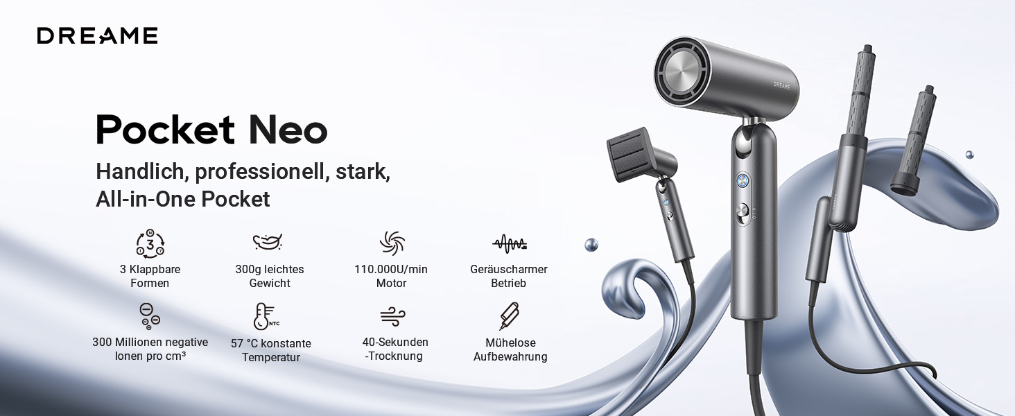 Фен Dreame Hair Gleam Pocket Neo: Швидка сушка, іонізація, регулювання температури, рожевий