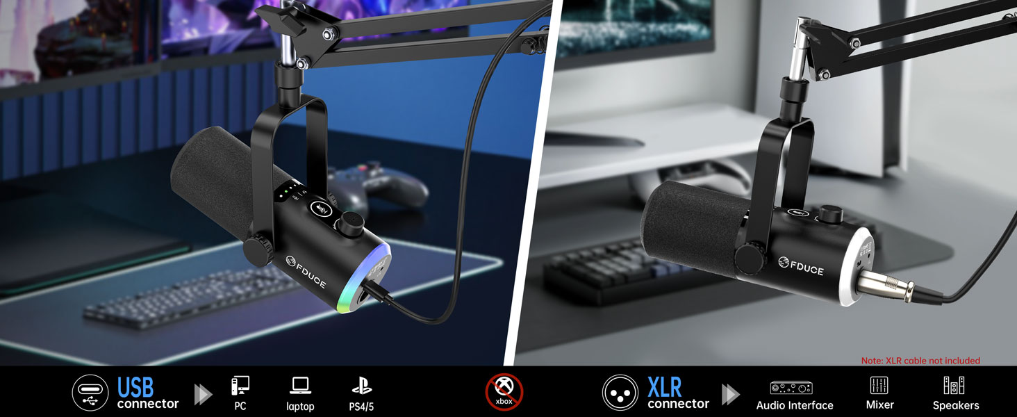 Мікрофон ігровий FDUCE з USB/XLR підключенням, RGB-підсвічуванням та регулюванням Gain для стрімінгу, запису подкастів та ігор (D30+)