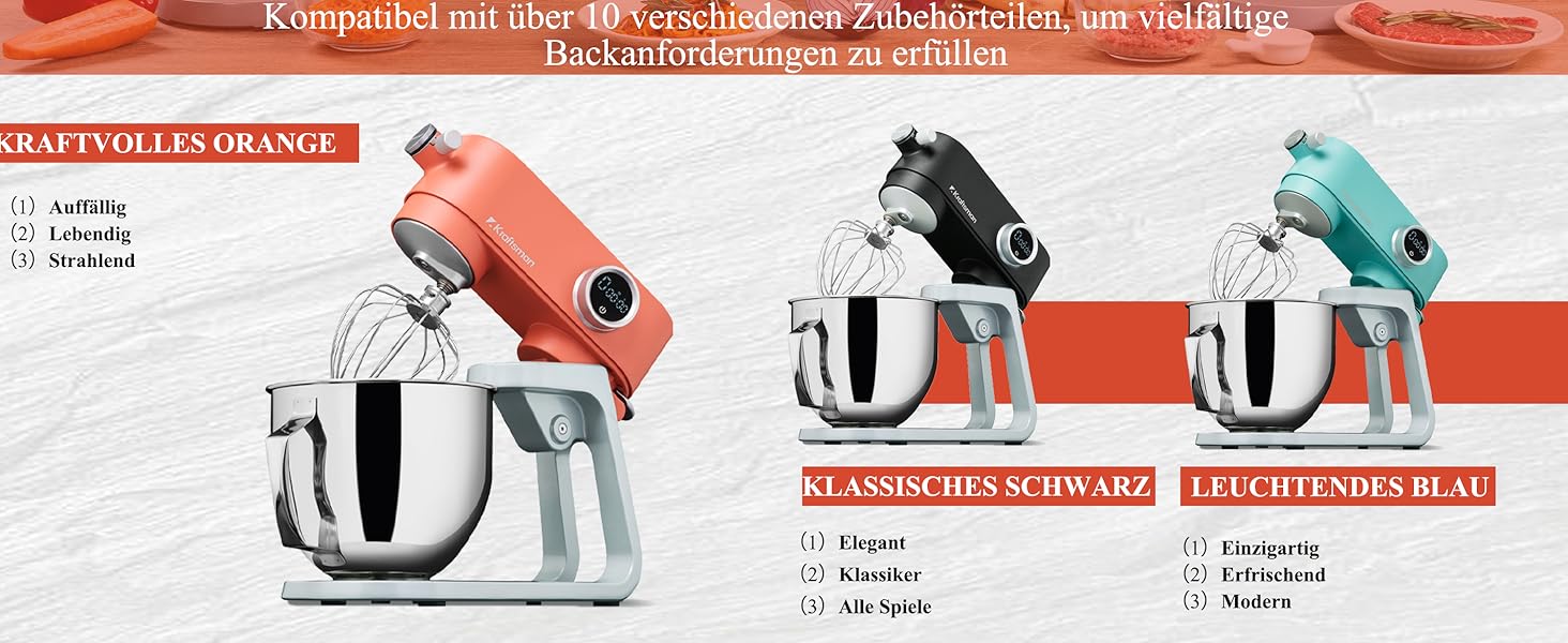 Кухонна машина 5л з місткою чашею з нержавіючої сталі, для тіста, піци, з таймером та 8 рівнями швидкості, з набором насадок (міксер, гак для тіста, вінчик)