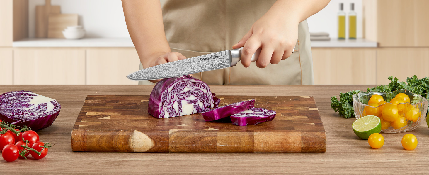 Набір ножів D.Perlla 7 предметів з точилкою, професійний кухонний набір з нержавіючої сталі з пластиковою ручкою та дерев'яним блоком, білий
