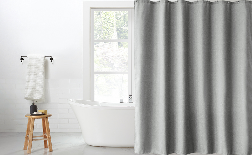 Шторка для душу з льону з металевими кільцями, сіра, 182 x 214 см - Текстильна шторка для ванни, вологостійка, важка