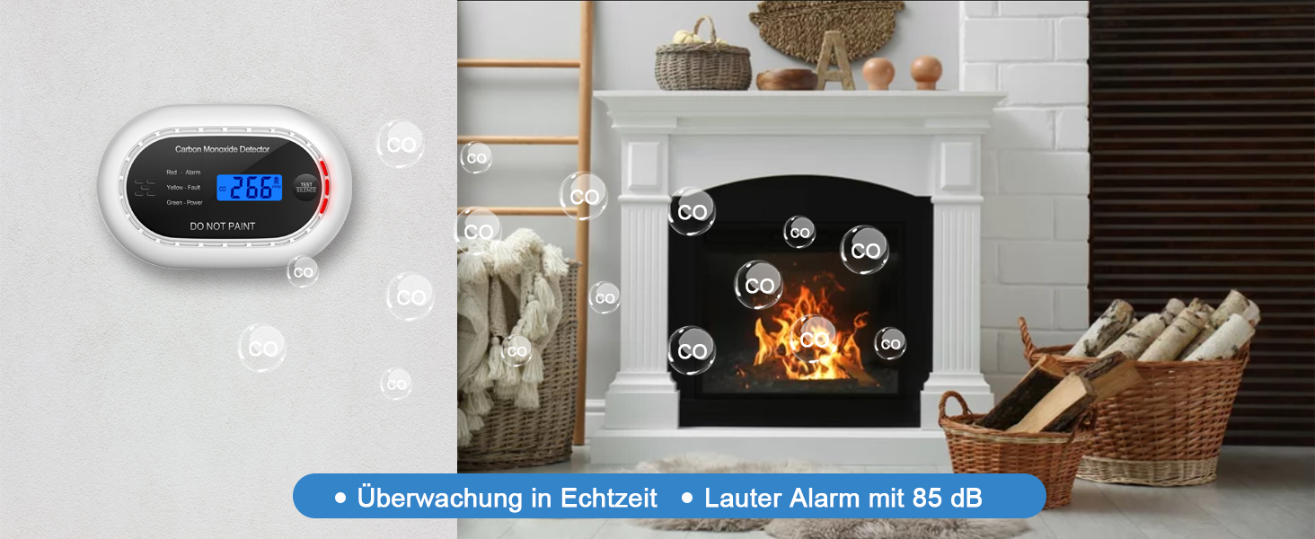 Детектор чадного газу з батареєю на 10 років, LCD-дисплеєм, акустичним сигналом 85dB, функцією вимкнення звуку, для безпеки вдома, EN50291, автономний, чорний