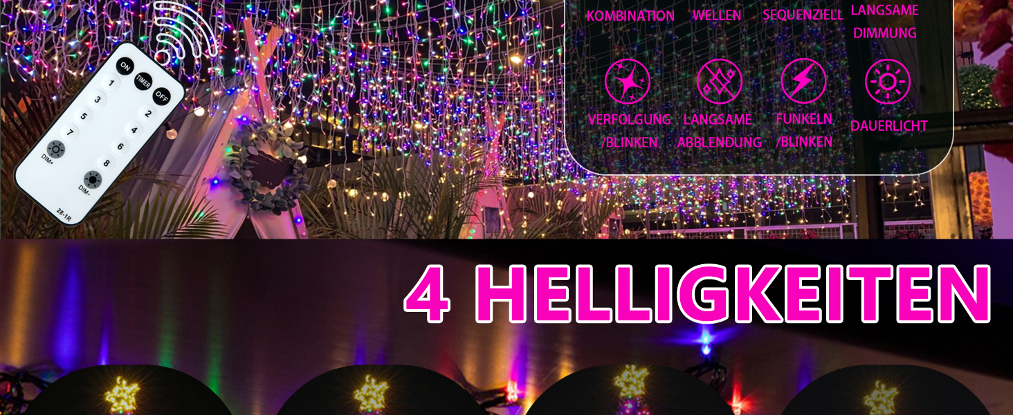 Кольорова світлодіодна гірлянда 1500 LED (75м) для вулиці та дому, 8 режимів, таймер, диммер, IP44 — Різдвяна ілюмінація для балкона та тераси