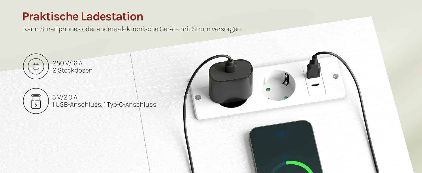 Комп'ютерний стіл WOLTU з 2 шухлядами, вбудованими розетками, USB та Type-C портами, підставкою для навушників та полицями, 120 x 51 x 75 см, білий