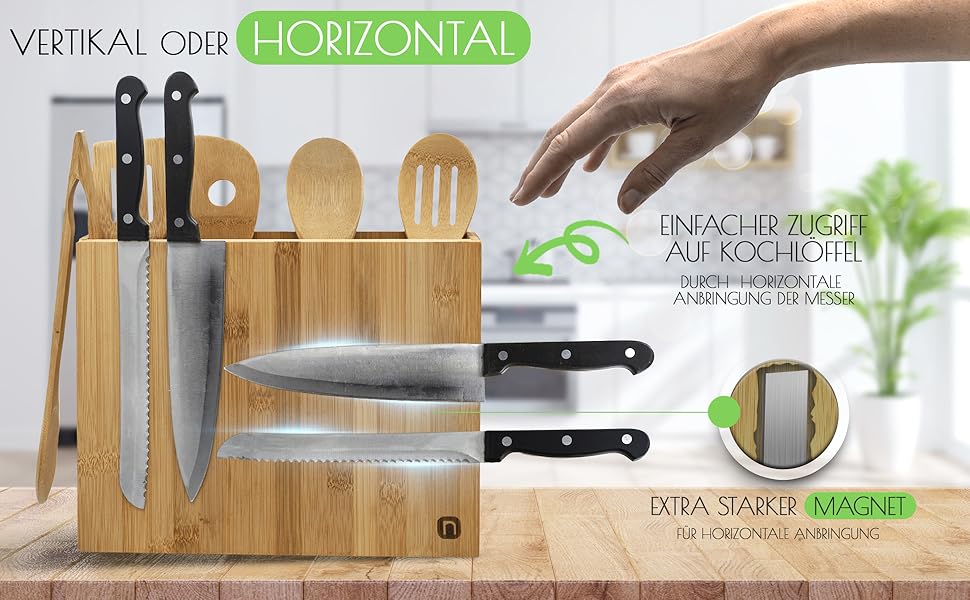 Магнітний блок для ножів + набір кухонних лопаток 5 шт. 2 в 1: Блок для ножів без ножів та тримач для кухонних аксесуарів - бамбуковий магнітний тримач для ножів - магнітний тримач для ножів - органайзер для кухні