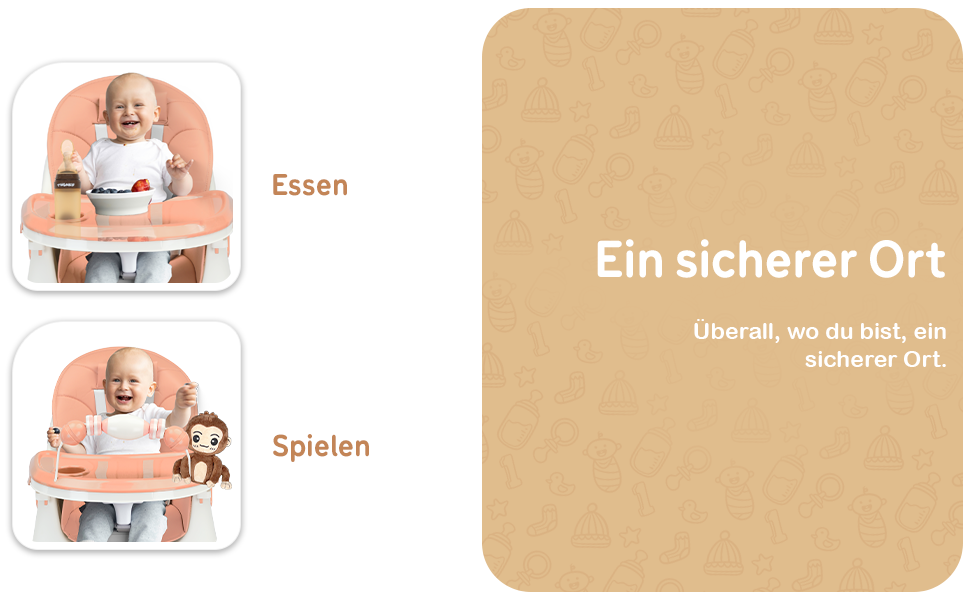 Дитячий стільчик для годування Twinky Hochstuhl Baby ECO з регульованою спинкою, функцією розкладання та столиком - підходить для новонароджених та дітей (Рожевий)