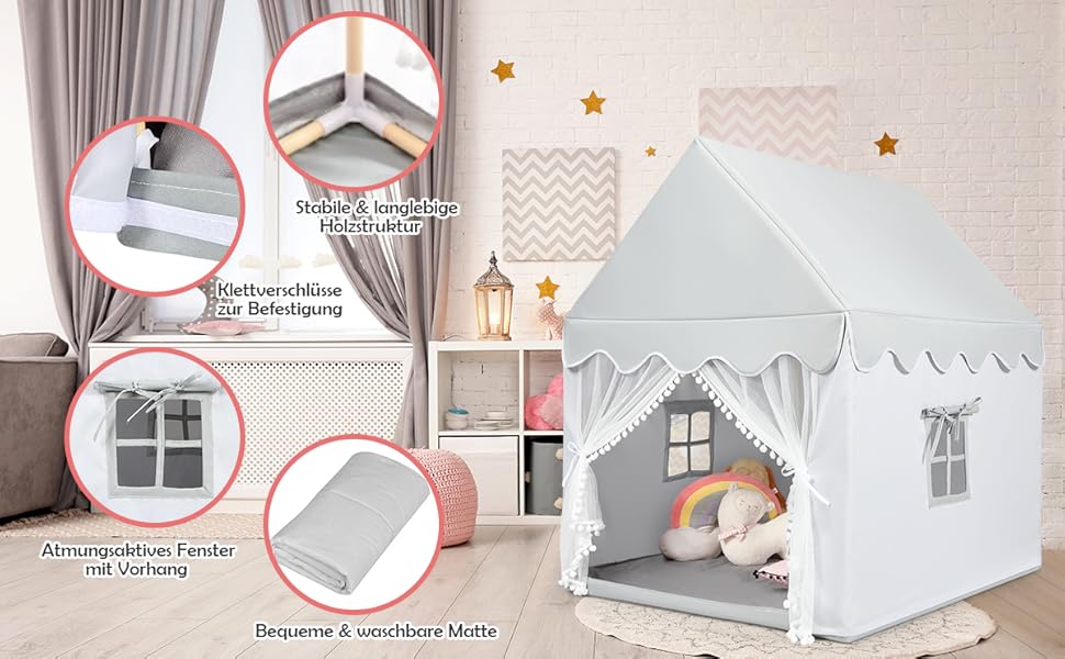 Дитячий намет DREAMADE з м'якою дахом та вікнами, дерев'яний каркас, ігровий будиночок, намет Тіпі для хлопчиків та дівчаток (сірий)