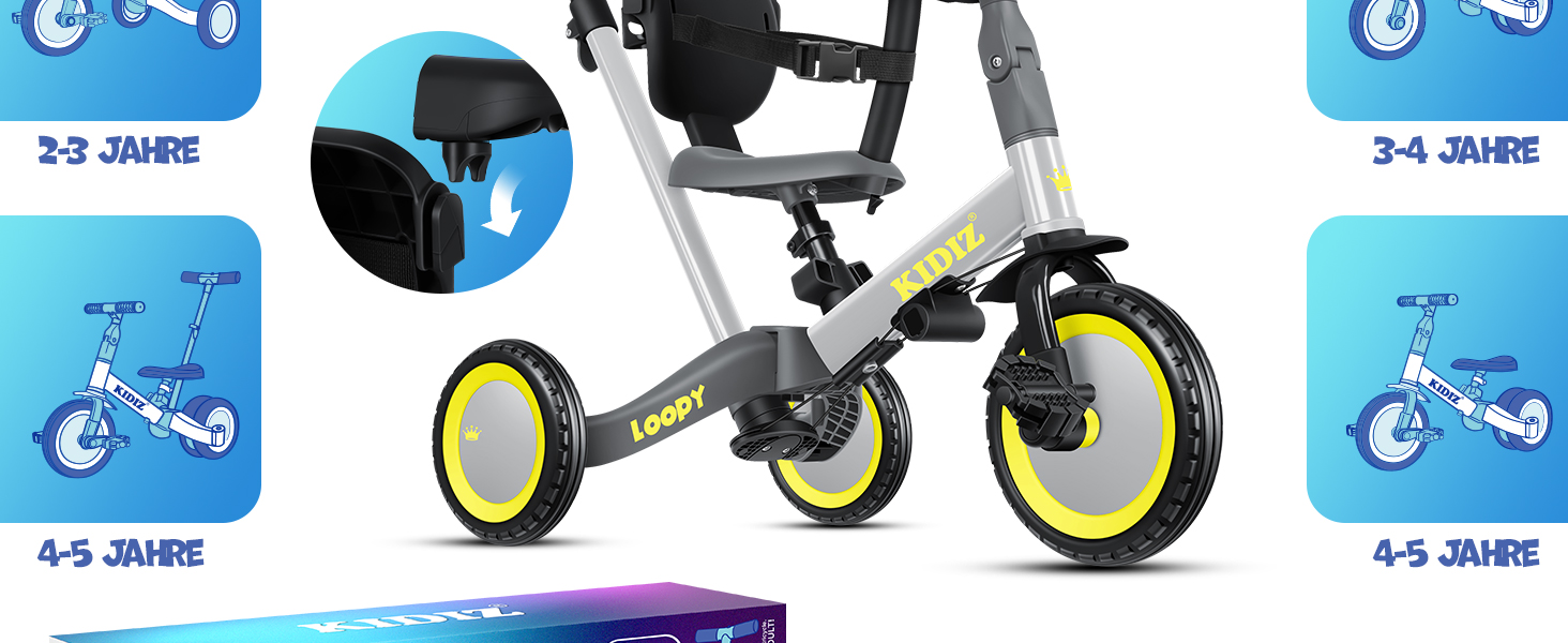 Біговел-триколіс KIDIZ 6-в-1 для дітей від 1 до 5 років (до 25 кг), сірий: з ручкою, захисним бампером, ременем безпеки, дзвінком та дзеркалом