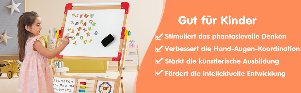 COSTWAY 3-в-1 дитяча мольберт-дошка з обертанням 360°, дерев'яний мольберт з двостороннім дощечкою, мольберт для малювання з полицею, рулон паперу, абакус, годинник та алфавіт для дітей від 3 років