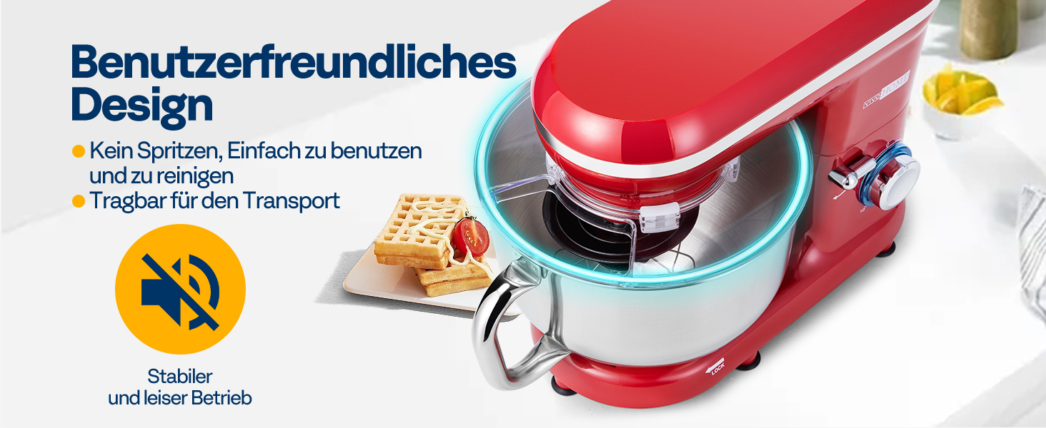 Кухонна машина VIVOHOME 5.7L: потужний міксер з 10 швидкостями, функцією імпульсу та набором насадок (червоний)