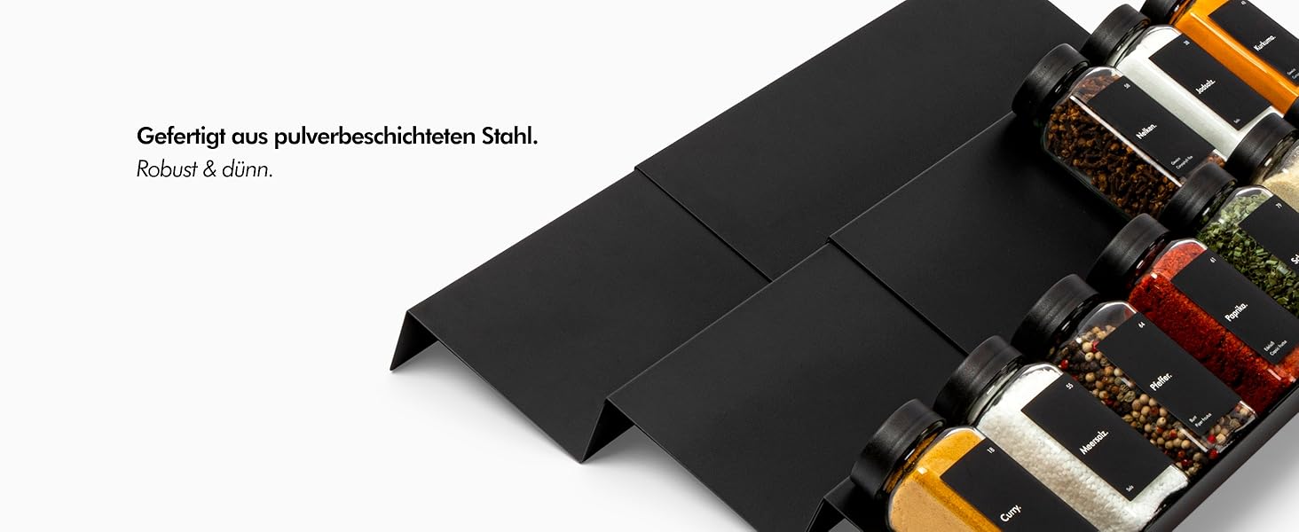 Органайзер для спецій KIVY з полицями та 24 скляними баночками | Регульований, підходить для всіх ящиків | Чорний колір