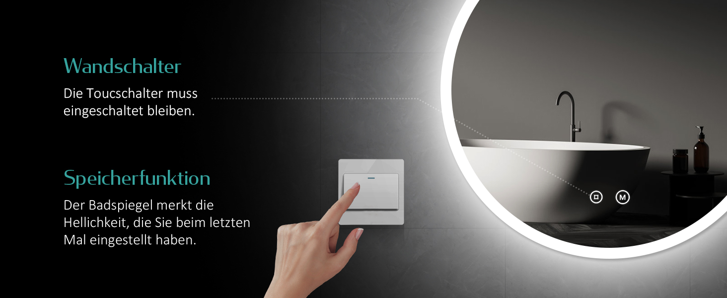 Дзеркало для ванної кімнати EMKE з підсвічуванням 80x60 см, сенсорне управління, антизапар, 3 кольори світла, регулювання яскравості, функція пам'яті, енергозбереження