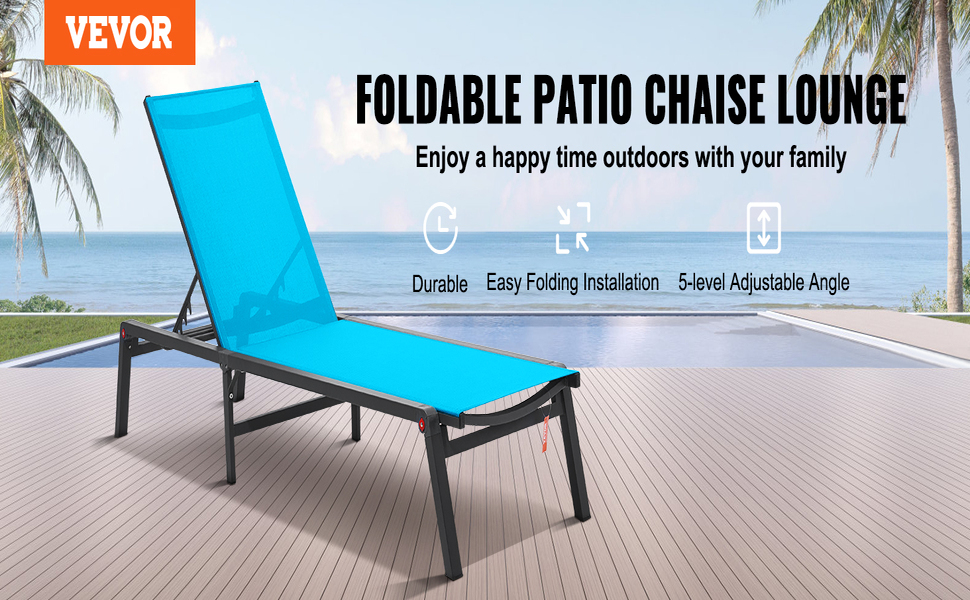 Лежак для відпочинку VEVOR, 182x60x88 см, блакитний, з регулюванням положення, для саду, тераси, пляжу, басейну