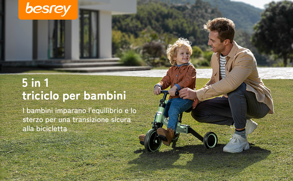 Бесрей 5-в-1 Дитячий Біговел, Триколісний Велосипед для Малюків 1-4 Років (Трав'янисто-зелений)