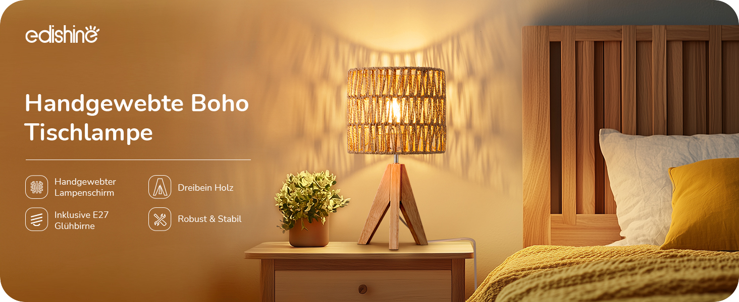 LED настільна лампа EDISHINE з абажуром з ручної роботи, дерев'яною ніжкою, тепле світло 2700K, бохо-стиль, для спальні, вітальні, готелю, з лампочкою E27 4W