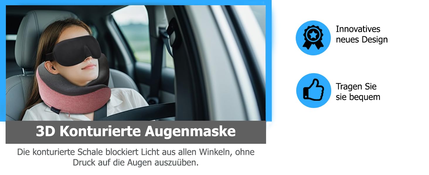 Подушка для шиї Proglobe, 100% Memory Foam, ортопедична, для подорожей (літак, авто, поїзд), з маскою для сну, сітчаста сумка (рожева)