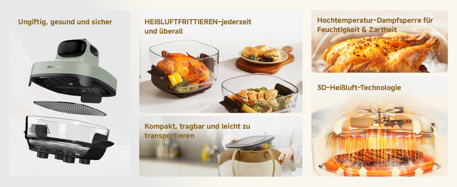 Фритюрниця Dreame Tasti AirFryer 5-в-1 з скляною чашею, 2.5L + 4.5L, 3D-конвекція, сенсорний дисплей, для дому та подорожей