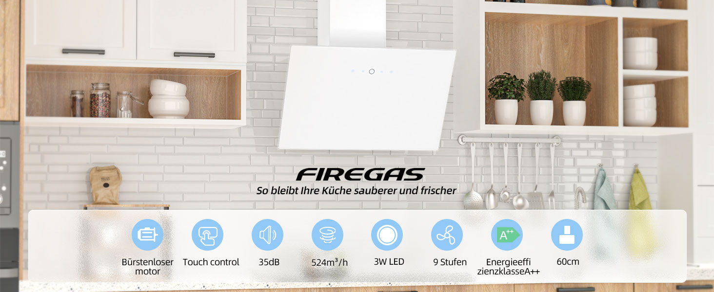 Витяжка кухонна FIREGAS 60 см, біла, потужність 578 м³/год, 9 рівнів регулювання, сенсорне керування, режими рециркуляції та відведення, клас енергоефективності A++