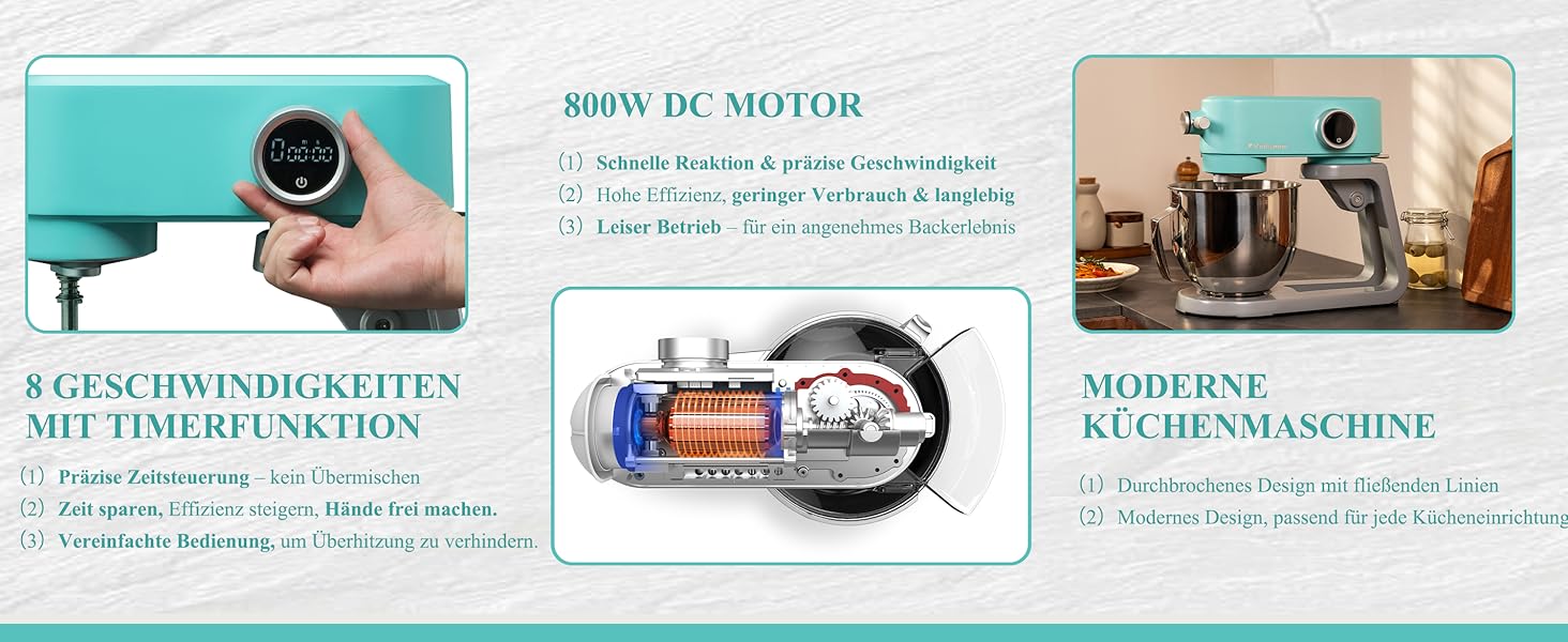 Кухонна машина 5л для замішування тіста: хліб, піца, з таймером, 8 швидкостей, нержавіюча чаша, гак, вінчик, міксер (блакитна)