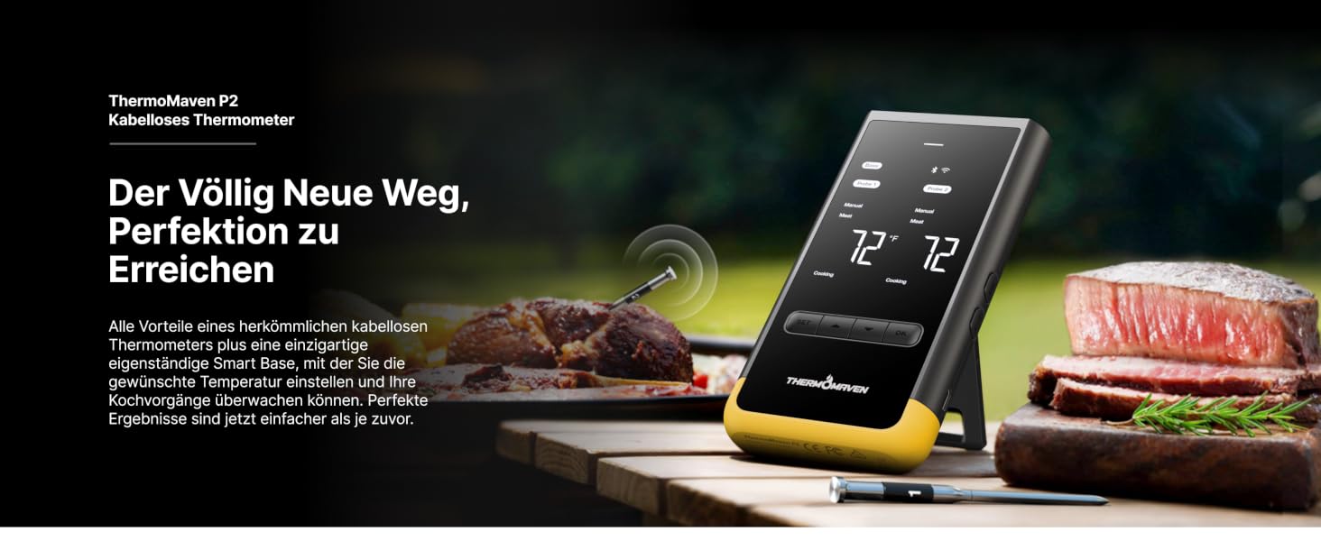 Розумний бездротовий термометр для м'яса ThermoMaven з базовою станцією, Wi-Fi та Bluetooth, 2 щупи (6 сенсорів), NIST-сертифікований, для смокера, духовки та BBQ, золотисто-жовтий