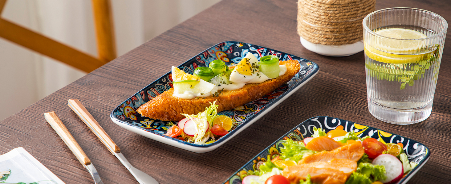 Набір тарілок Vancasso SIMI прямокутні, 6 шт. Порцелянові тарілки для подачі, десертні, на 6 осіб, 24.7x14.2 см