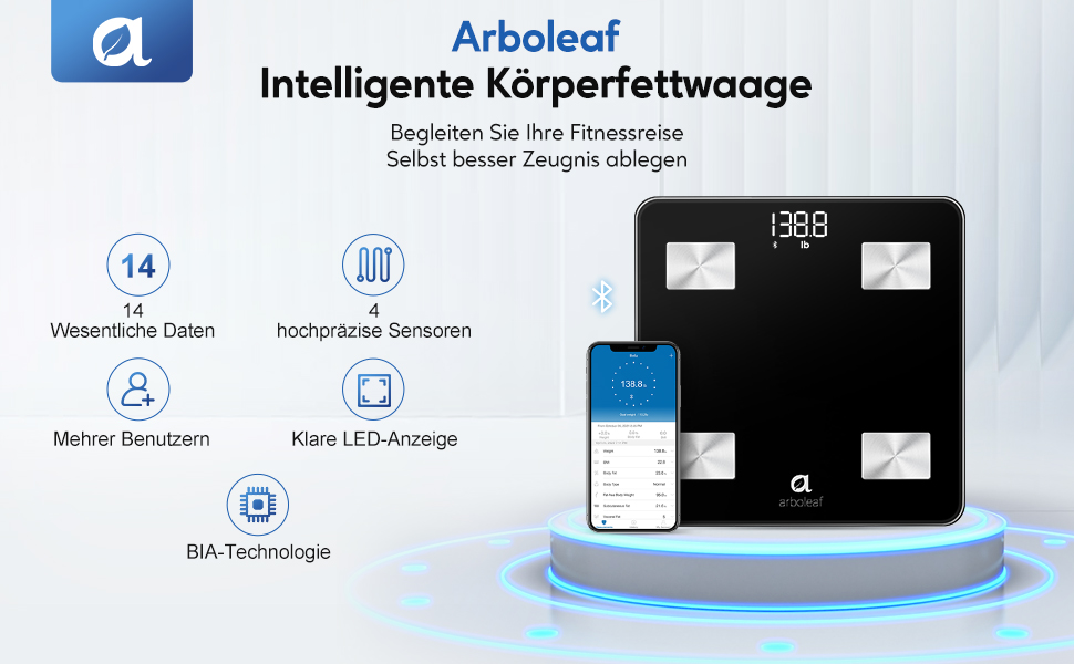 Цифрові ваги жиру в організмі Arboleaf з додатком, Bluetooth, до 180 кг, вимірює вагу та багато іншого, чорний