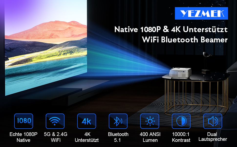 Beamer YEZMEK 5G WiFi Bluetooth: Міні проєктор LED 1080P Full HD з підтримкою 4K, Wi-Fi, Bluetooth, HDMI, USB, TF для дому та кінотеатру
