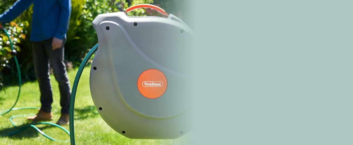 Шланговий барабан VonHaus 30м з автозмотуванням, поворотний на 180°, 8 функцій, пістолет для поливу