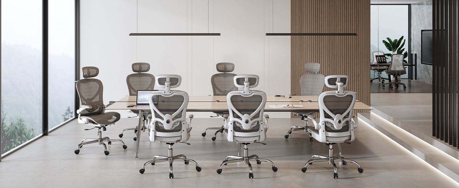 Офісне крісло LarkLeaves з ергономічною спинкою, регульованими підлокітниками, підставкою для попереку та підголівником. Максимальне навантаження 140 кг, сірий колір.