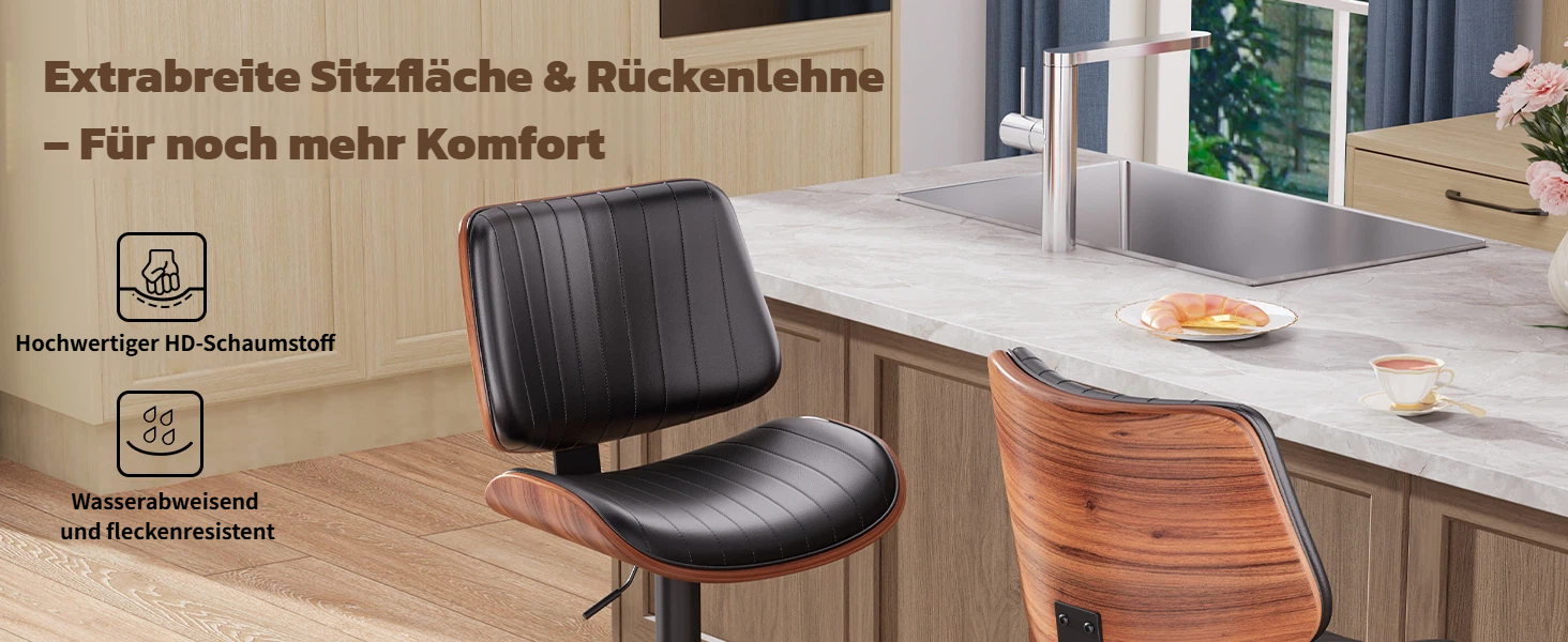 Набір з 2 барних стільців GIKPAL з дерев'яною спинкою та шкіряним сидінням, обертаються, чорний