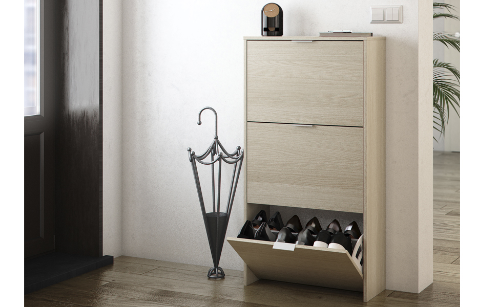 Стеллаж для взуття Habitdesign з 3 дверцятами, вузький, з білого глянцю та канадського дуба, 60x113x22 см