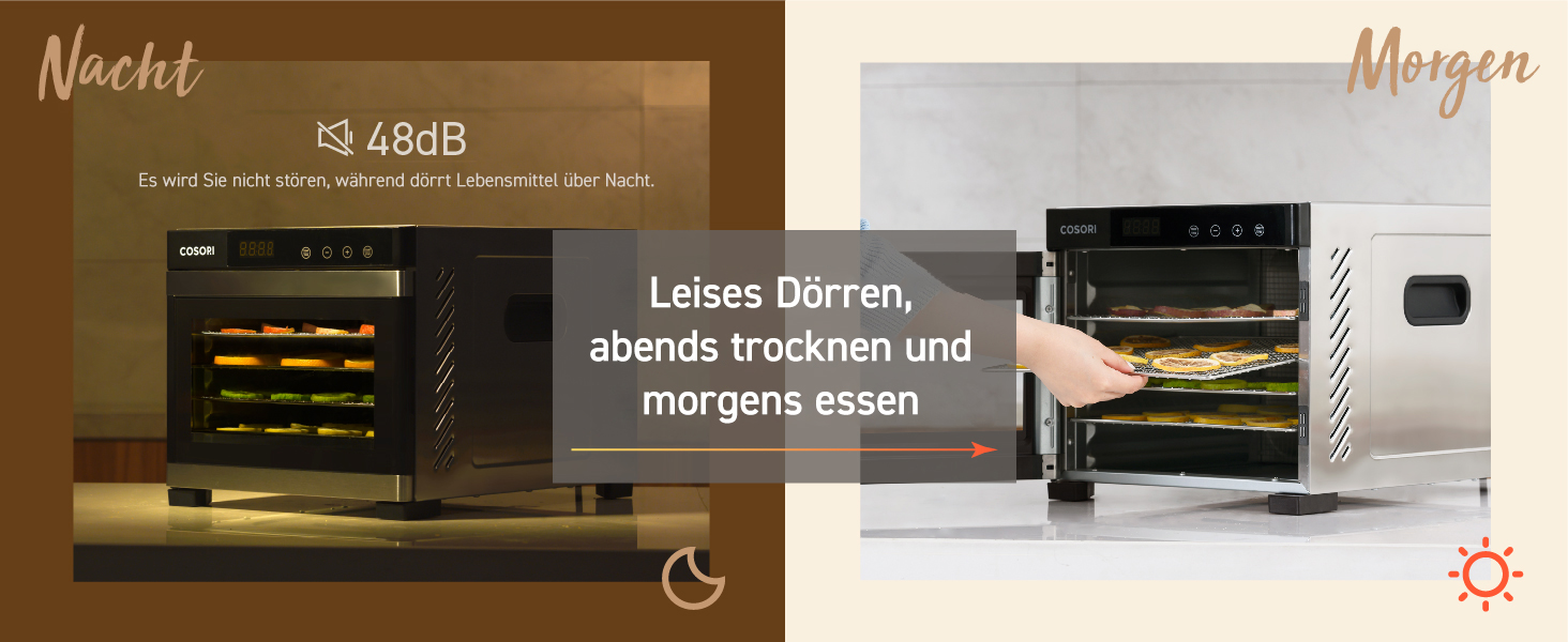 Сушарка для їжі COSORI з нержавіючої сталі, 6-ярусна, з 50 рецептами, 6 лотків, 3 сітки, 3 килимки, площа 0,6 м², таймер 48 год, LED-дисплей (35°-75°C), 650W