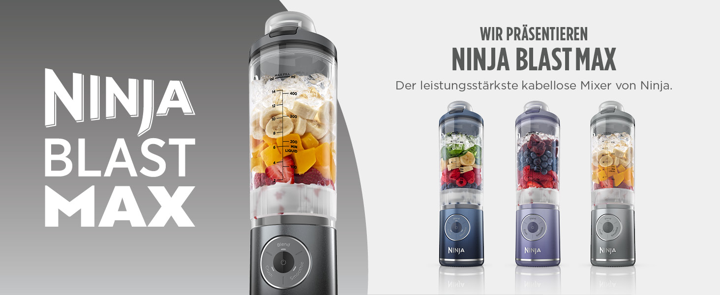 Портативний блендер Ninja Blast Max: 570 мл, акумулятор, чаша та кришка, 3 функції, для смузі та протеїнових коктейлів, сірий BC251EUGY