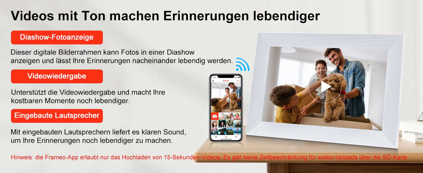 Frameo Цифровий фоторамка 10.1 дюйма з Wi-Fi, HD сенсорний екран, 16GB пам'яті, автоматичне обертання, підтримка фото та відео, настінний монтаж