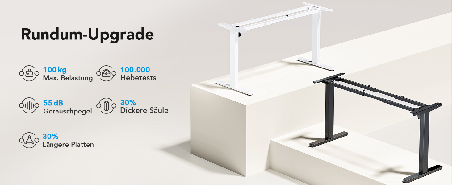 Регульований стіл-рама HUANUO з безщітковим мотором, вантажопідйомність 100 кг, для стільниць 110x200 см, чорний