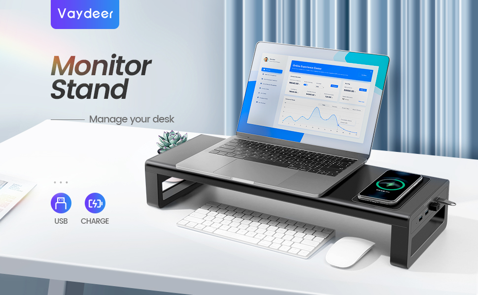 Підставка для монітора VAYDEER USB 3.0 з бездротовою зарядкою та передачею даних - чорна, до 32 дюймів