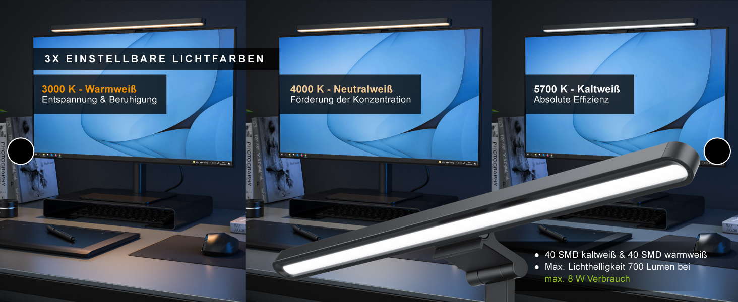 LED-лампа для монітора CSL Screenbar USB з пультом дистанційного керування, регулювання яскравості, 3 колірні температури, захист очей, поворотна