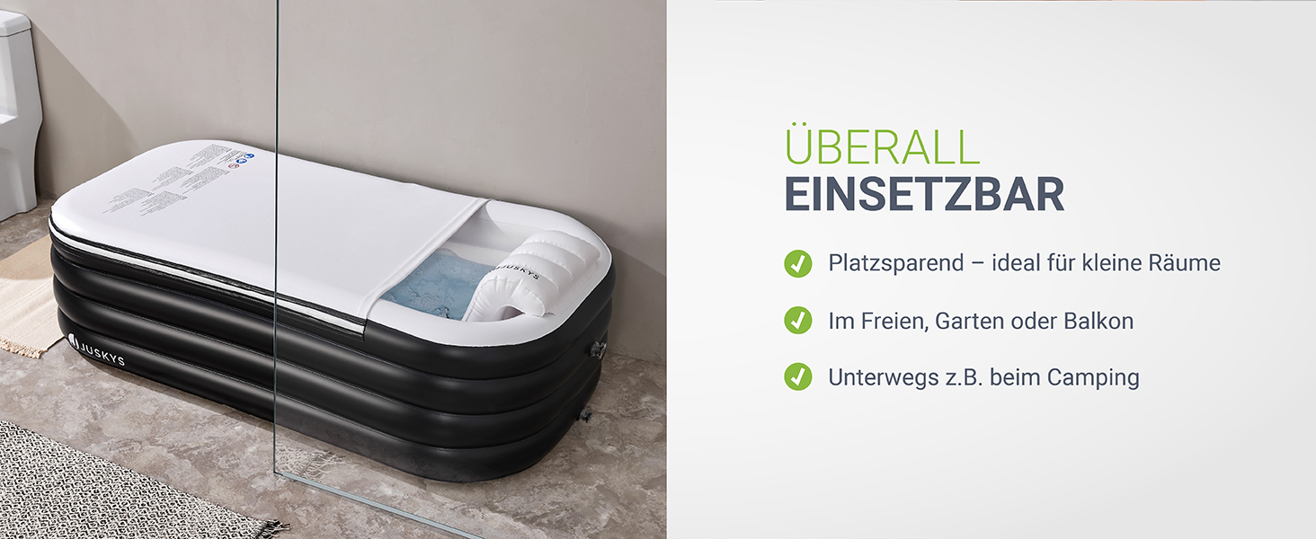 Надувна ванна Juskys M - для відпочинку на відкритому повітрі, складана, мобільна, з підголівником, для балкона, чорна, з кришкою та насосом