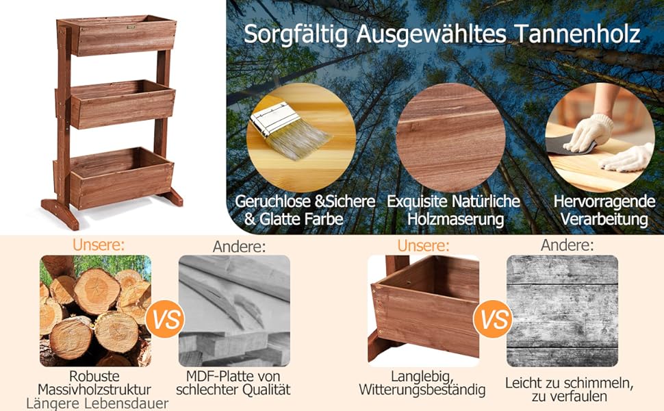 Вертикальна грядка COSTWAY з 3 рівнями, 6 контейнерами для квітів, дерев'яний ящик для тераси, балкона або саду 126x90x115 см (коричневий)