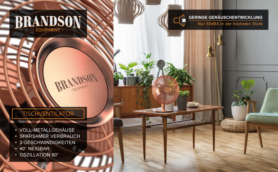 Вентилятор настільний Brandson мідний, 3 швидкості, з осциляцією 80° та нахилом 40°, металевий корпус