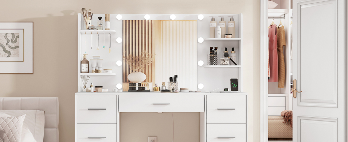 Дзеркальний туалетний столик TEENFON з LED-підсвіткою, 7 ящиками та 4 відкритими полицями, білий