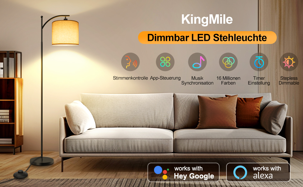 Торшер KingMile, WiFi RGBCW LED, з можливістю затемнення, сумісний з Alexa/Google, 3 колірні температури, 156 см, жовтий