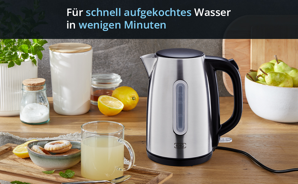 Чайник KHG WK-172 ESS з нержавіючої сталі, 1,7 літра, фільтр від накипу, який можна мити, індикатор рівня води, відкриття одним натисканням кнопки, захист від википання та автоматичне вимкнення, прихований нагрівальний елемент, без бісфенолу А, срібло 2200 Вт