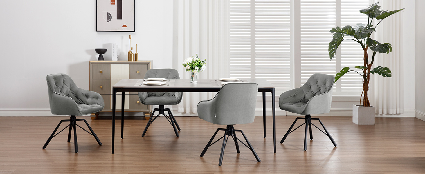 WOLTU Комплект з 4-х обертових стільців для їдальні, з підлокітниками, 360° обертання, для кухні та вітальні, з м'яким оксамитовим покриттям, сірий