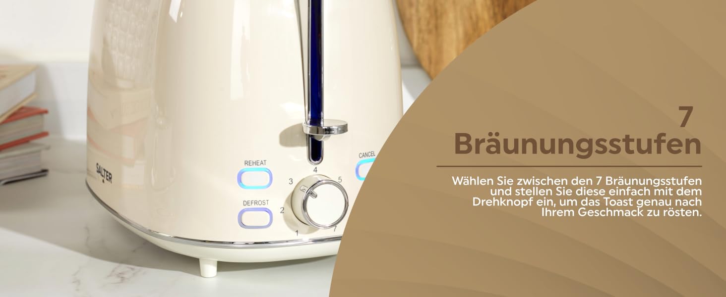 Тостер Salter Retro Creme на 2 тости - 7 режимів підсмажування, розморожування, підігрів, зупинка, підйом тостів, знімний піддон для крихт, автоматичне центрування, тримач для булочок, захист від застрягання, 930 Вт