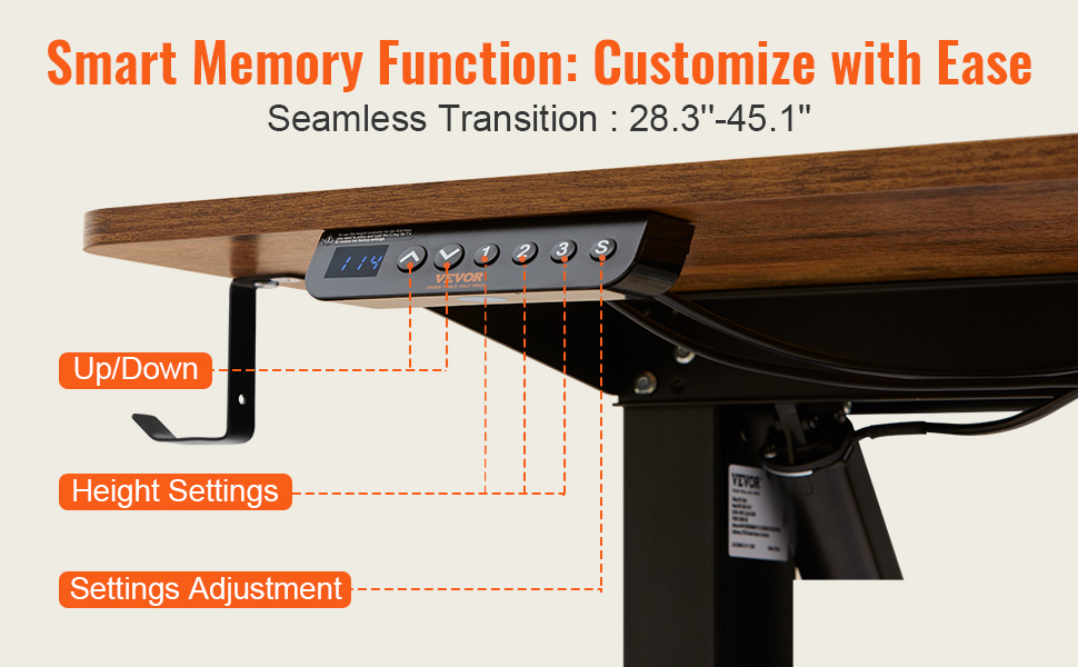 Стіл VEVOR електричний регульований по висоті, 140x70 см, контроль пам'яті, вантажопідйомність 82 кг, коричневий