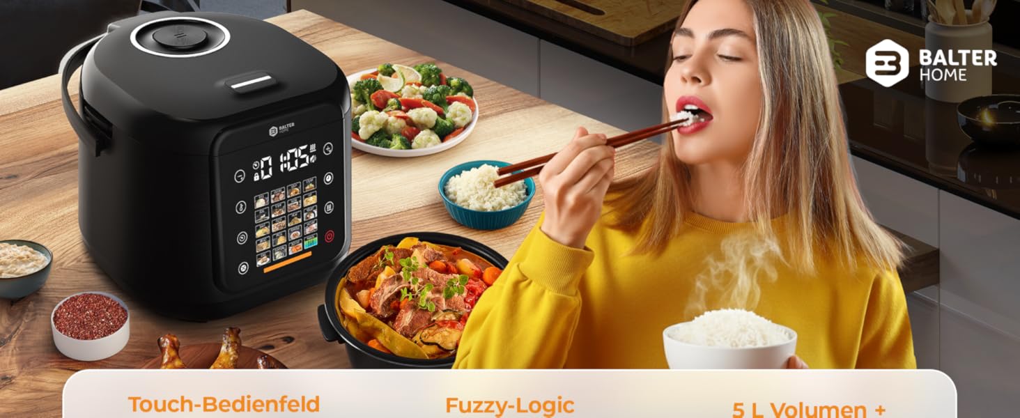 Бальтер рисоварка-мультиварка 4л з Fuzzy Logic, функцією приготування на пару та повільним приготуванням, таймером, підігрівом, преміум-посудинами, аксесуарами та книгою рецептів (20 програм)